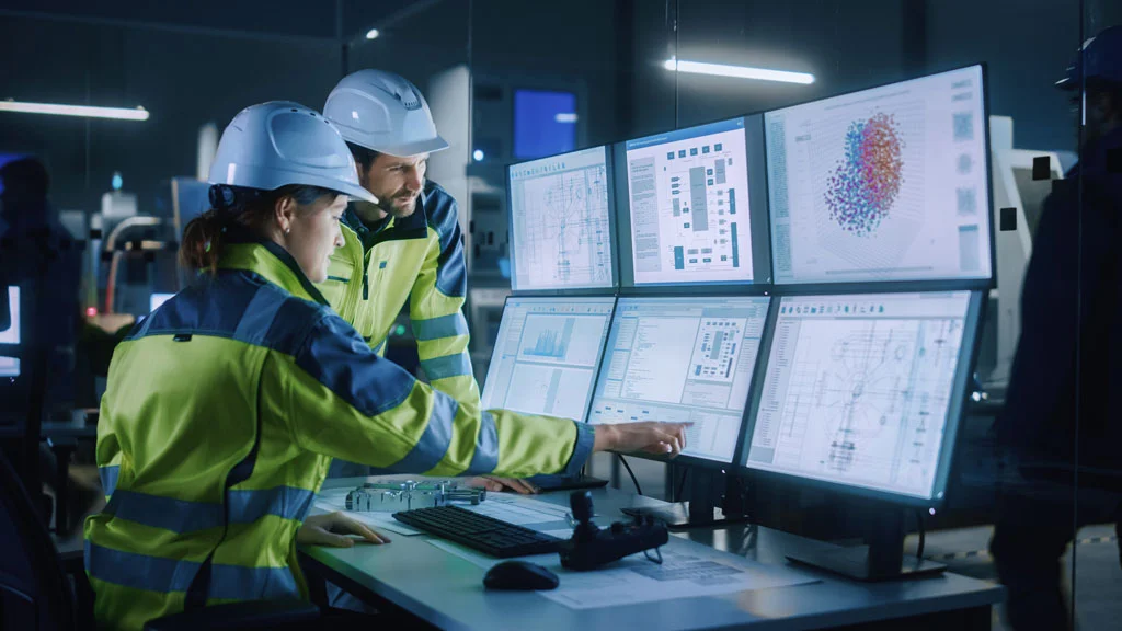 Ingénieurs en usine analysant des données de production sur plusieurs écrans