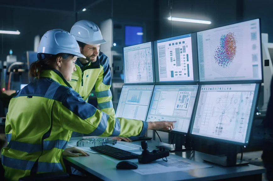 Ingénieurs en usine analysant des données de production sur plusieurs écrans