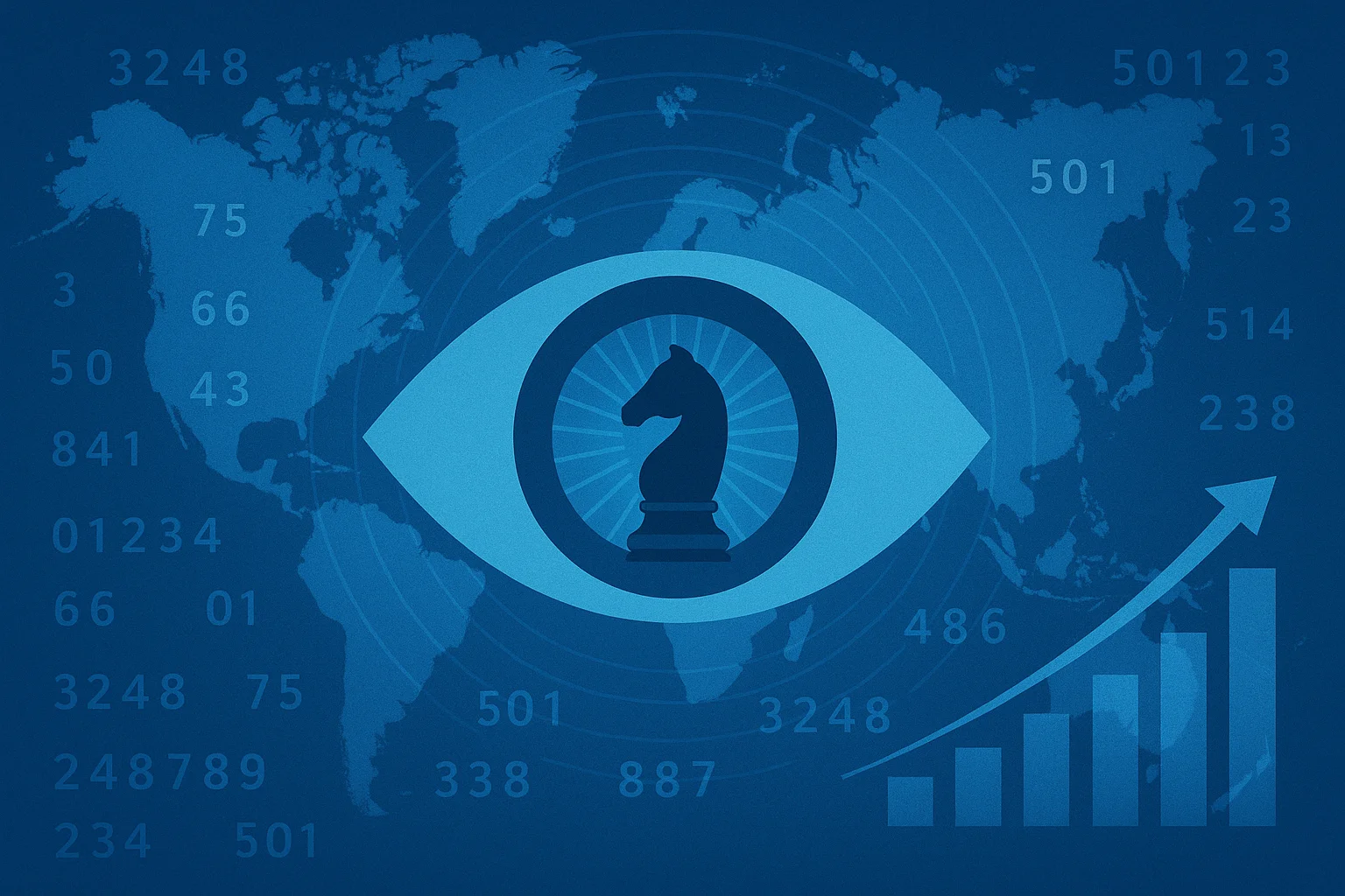 Intelligence économique : œil stylisé contenant un cavalier d'échecs sur une carte du monde